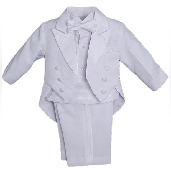 Baby Boys Formal White 5 Piece Classic Suit Set with Tail - Picture 2 of 10